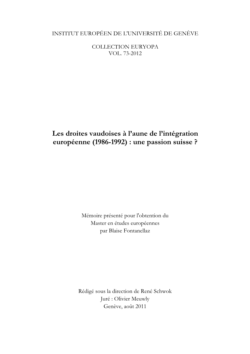 Les Droites Vaudoises À L'aune De L'intégration Européenne (1986-1992)