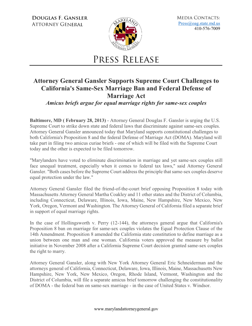 Attorney General Gansler Supports Supreme Court Challenges To