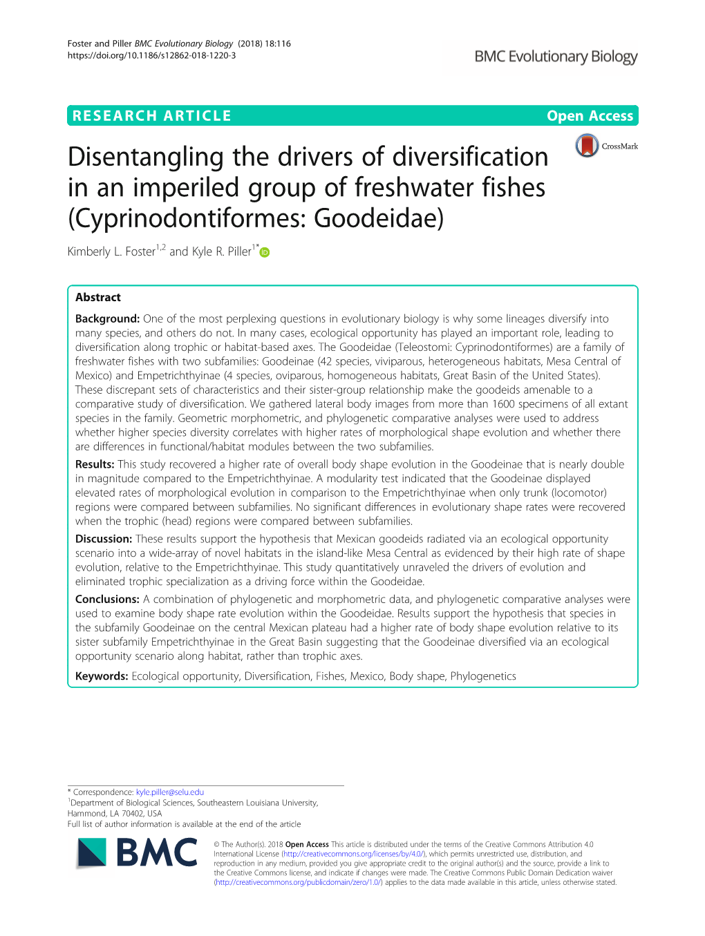 Disentangling the Drivers of Diversification in an Imperiled Group of Freshwater Fishes (Cyprinodontiformes: Goodeidae) Kimberly L