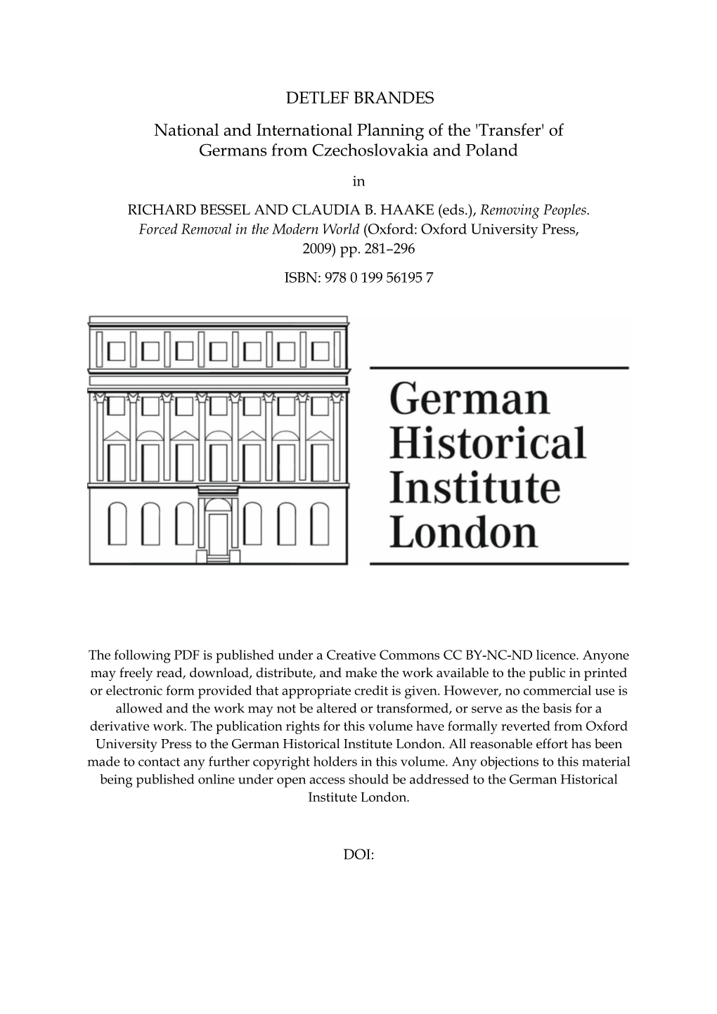 DETLEF BRANDES National and International Planning of the 'Transfer' of Germans from Czechoslovakia and Poland