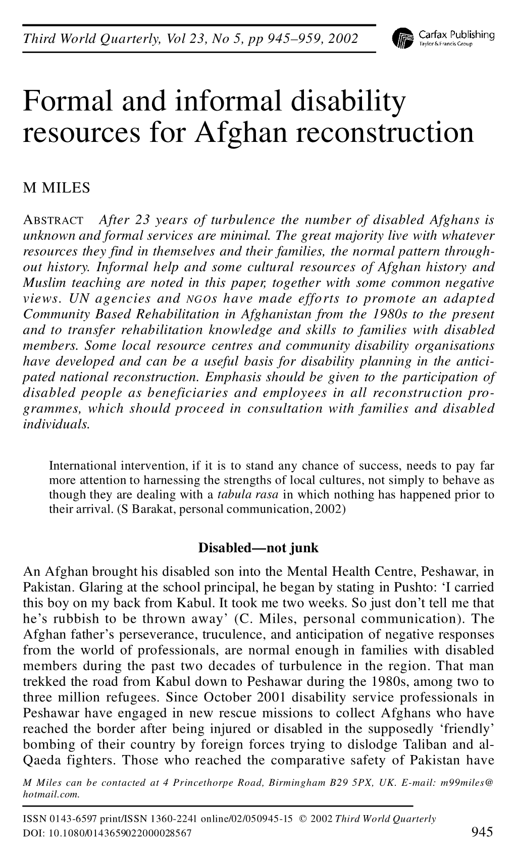 Formal and Informal Disability Resources for Afghan Reconstruction