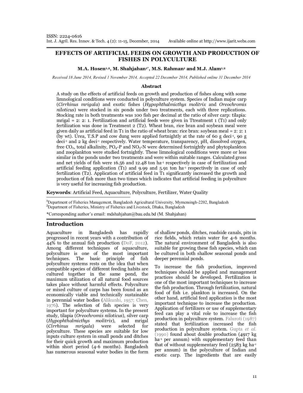 Effects of Artificial Feeds on Growth and Production of Fishes in Polyculture