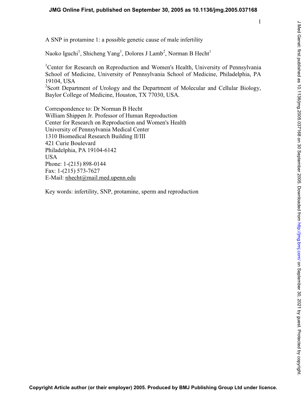 1 a SNP in Protamine 1: a Possible Genetic Cause of Male Infertility