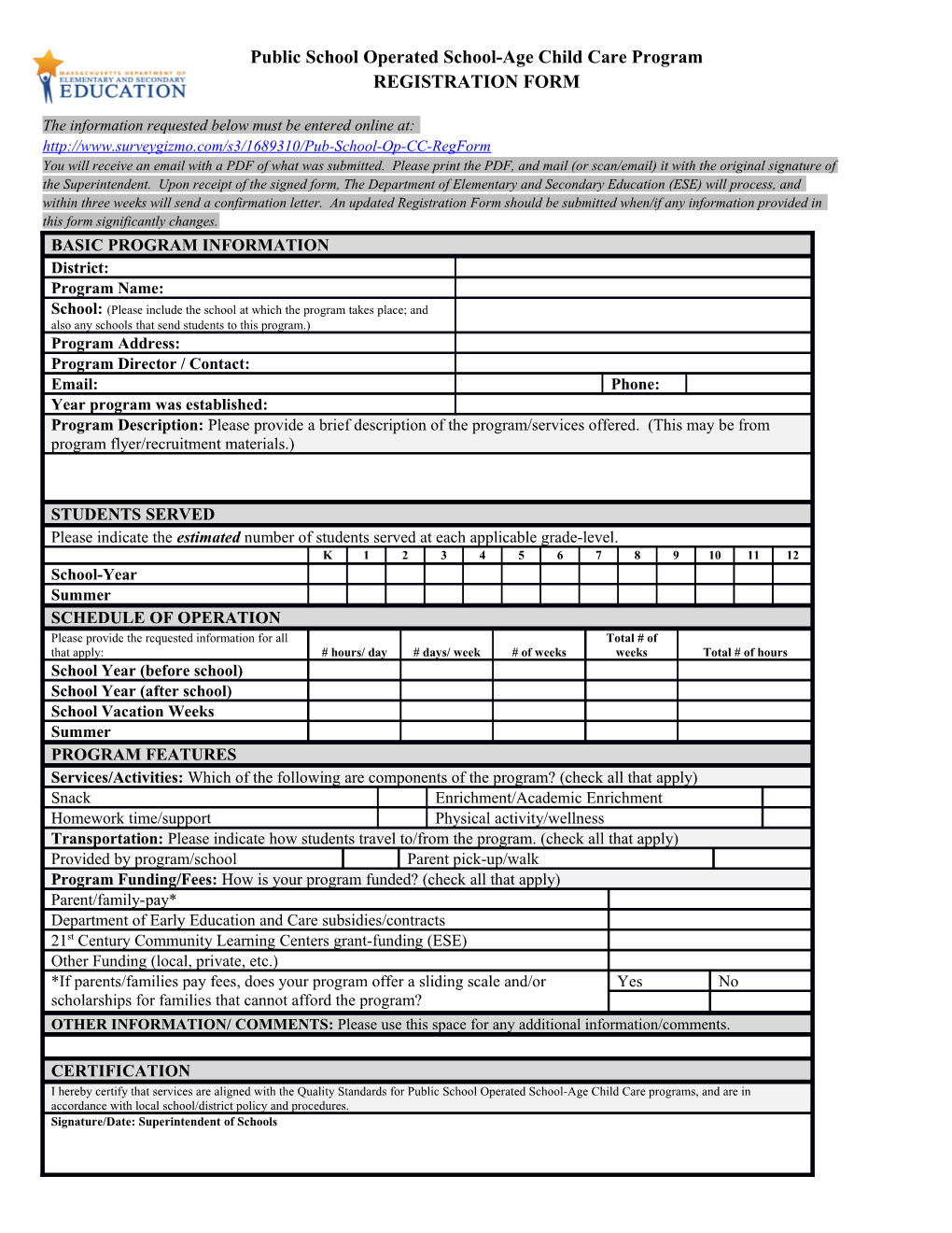 Public School Operated School-Age Child Care Program-REGISTRATION FORM Template 7-2014