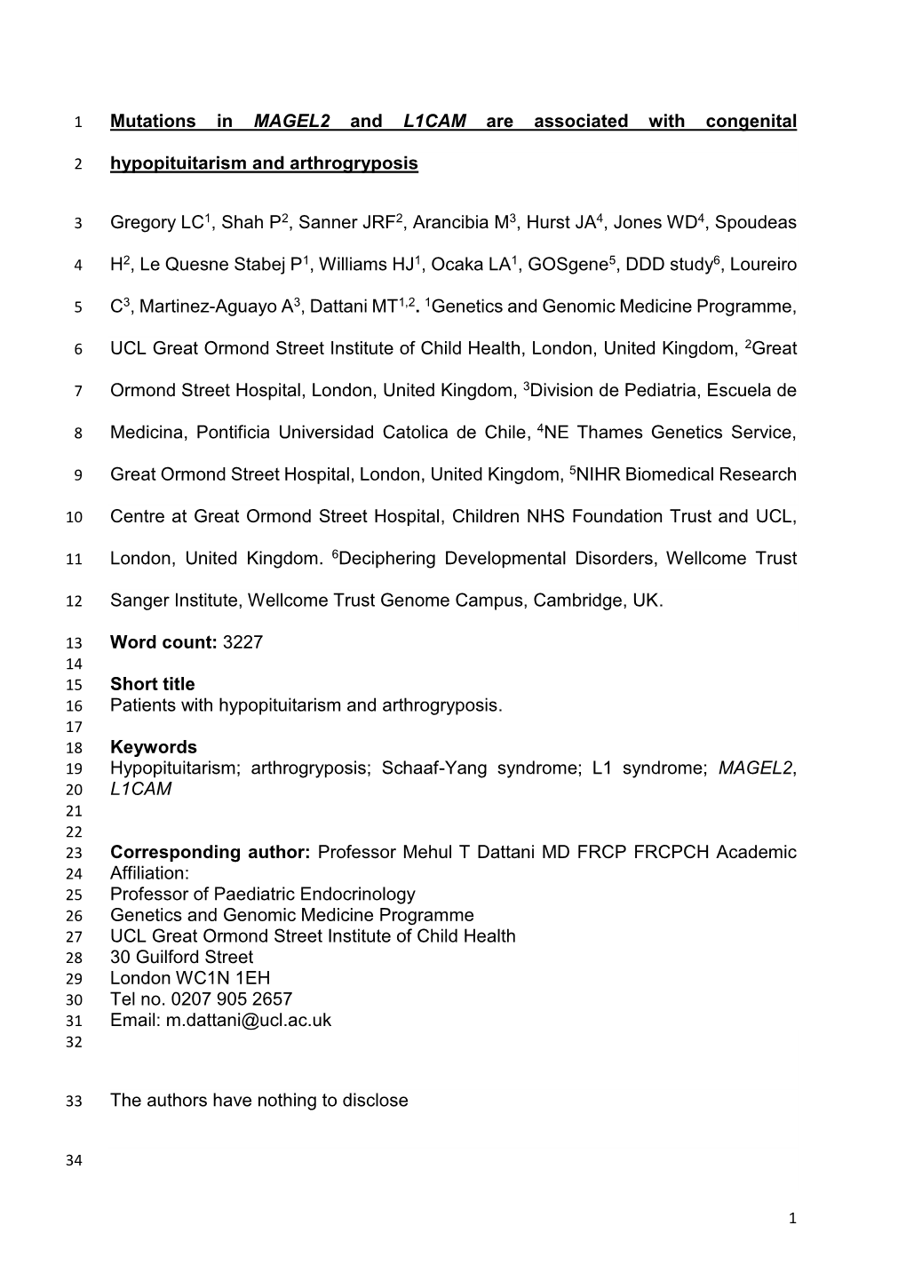 Mutations in MAGEL2 and L1CAM Are Associated with Congenital