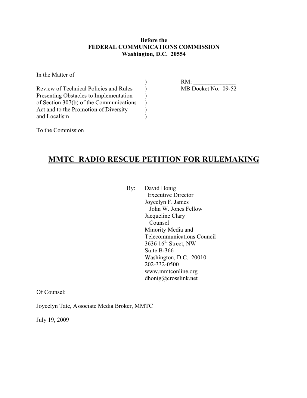 MMTC Radio Rescue Petition 071909