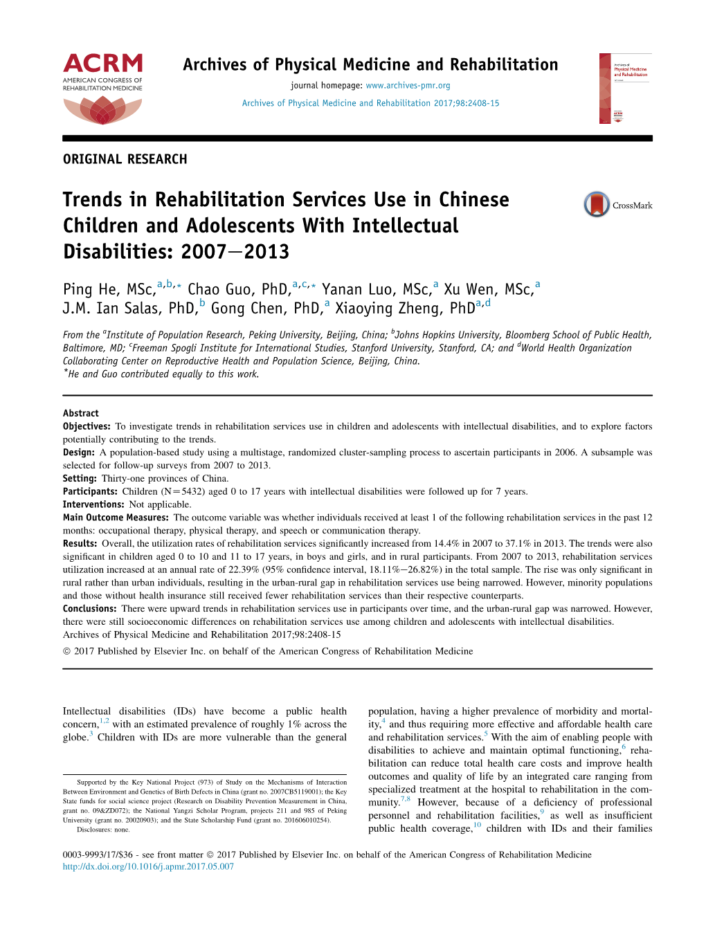 Trends in Rehabilitation Services Use in Chinese Children and Adolescents with Intellectual Disabilities: 2007E2013