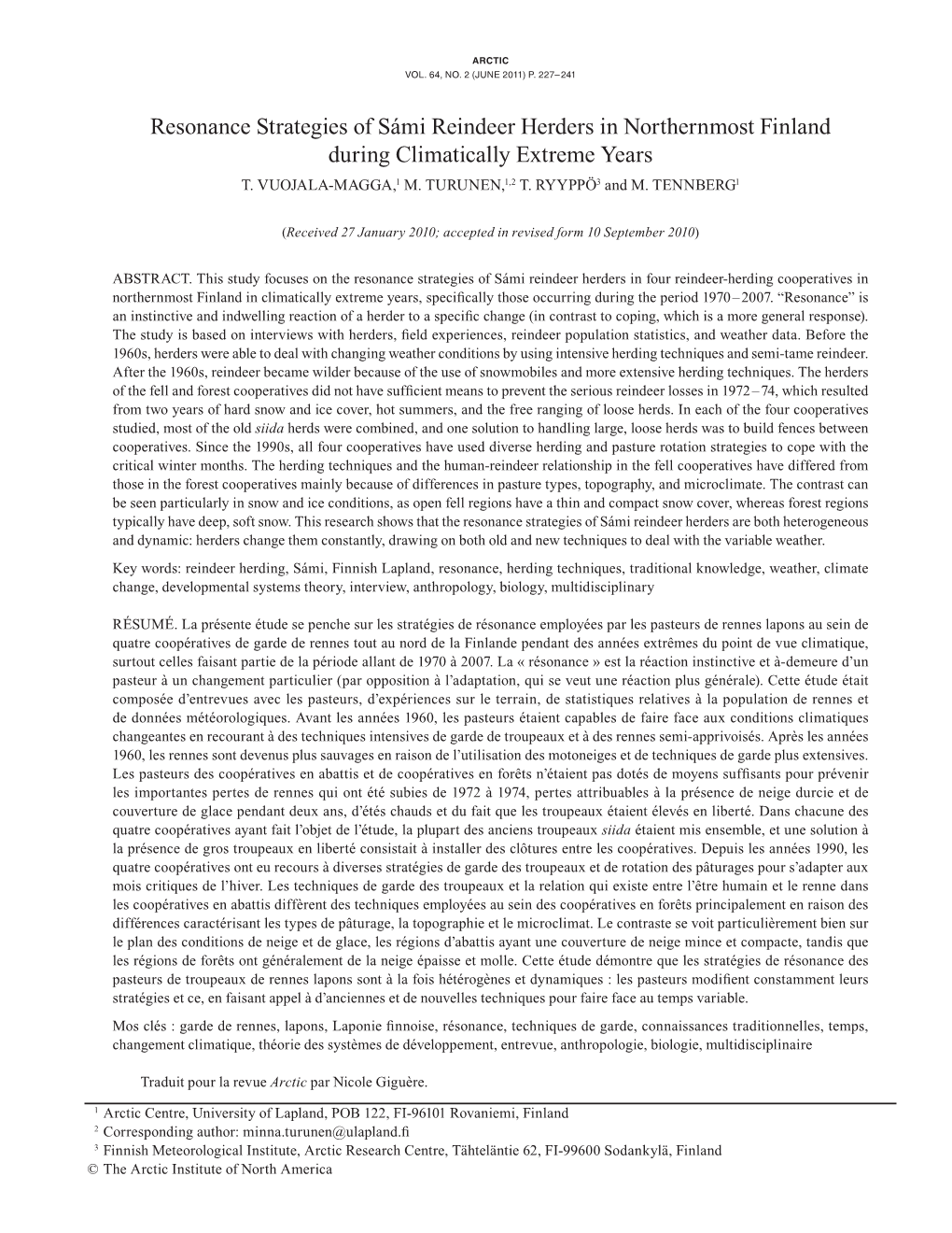 Resonance Strategies of Sámi Reindeer Herders in Northernmost Finland During Climatically Extreme Years T