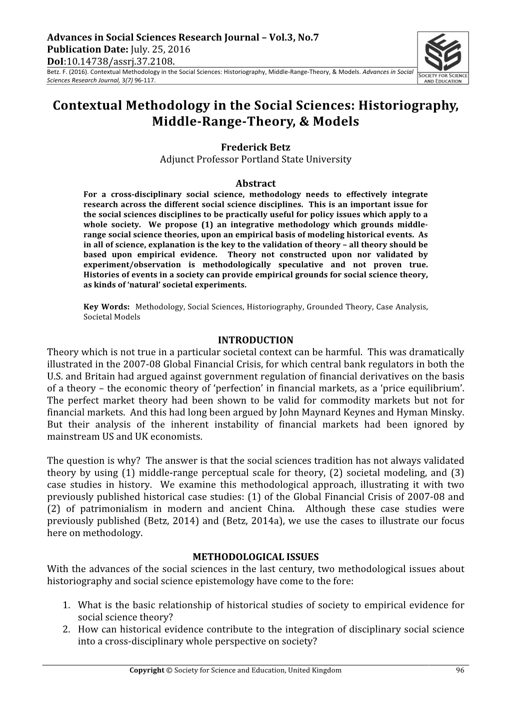 Contextual Methodology in the Social Sciences: Historiography, Middle-Range-Theory, & Models