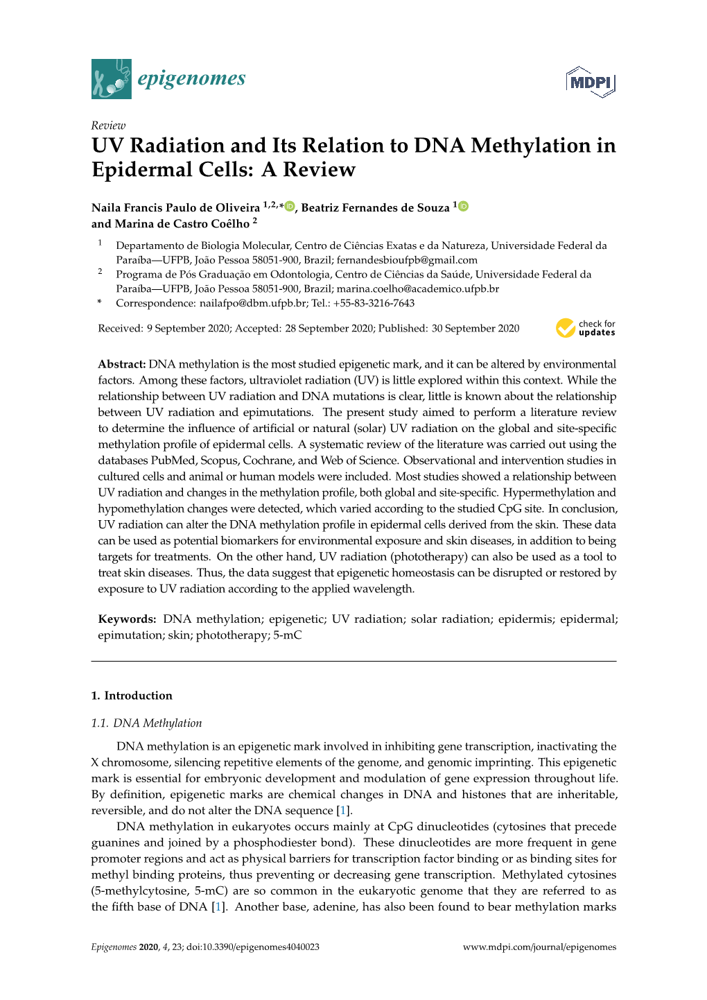 UV Radiation and Its Relation to DNA Methylation in Epidermal Cells: a Review