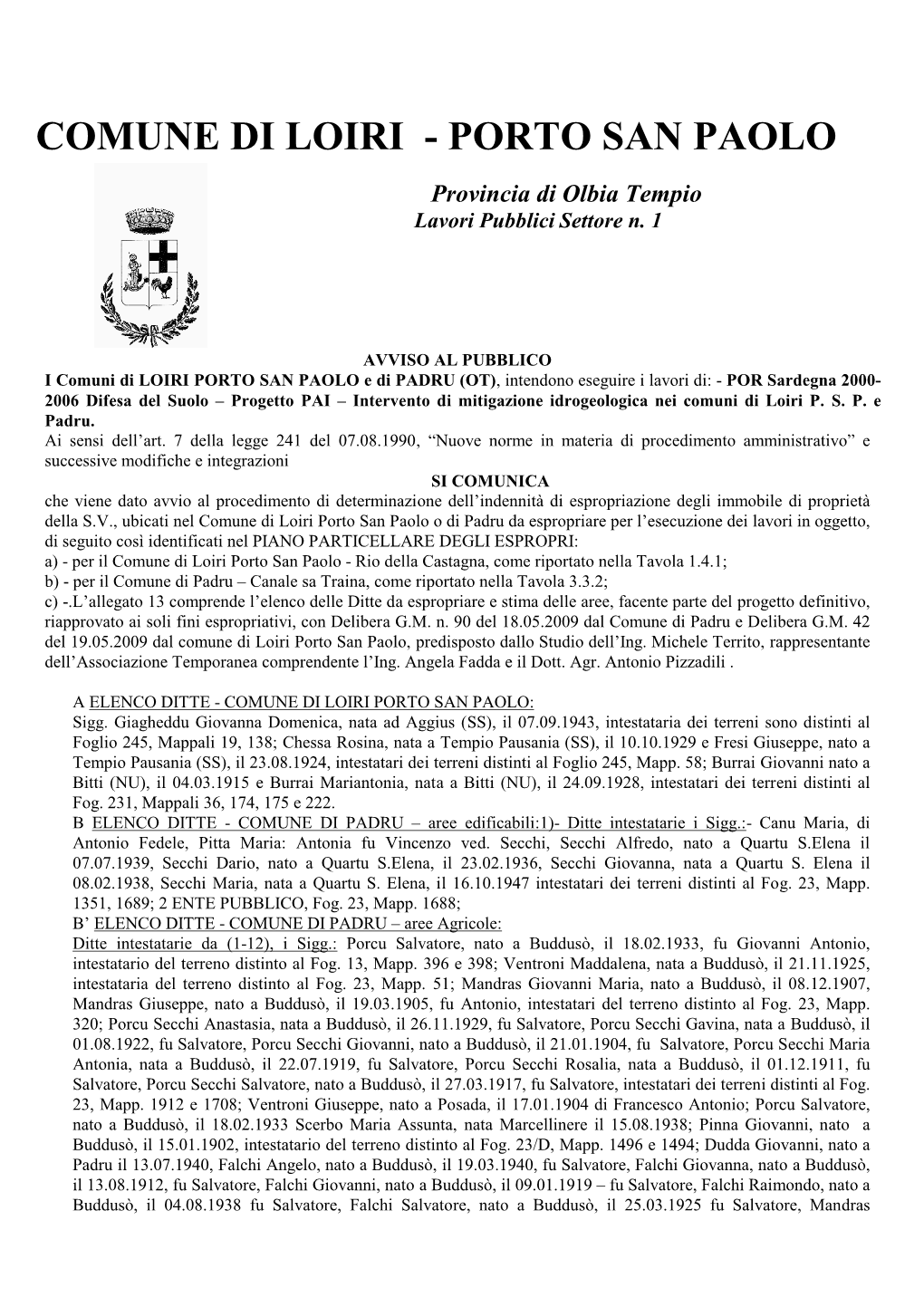 Comune Di Loiri PSP E Padru 10.06.2009