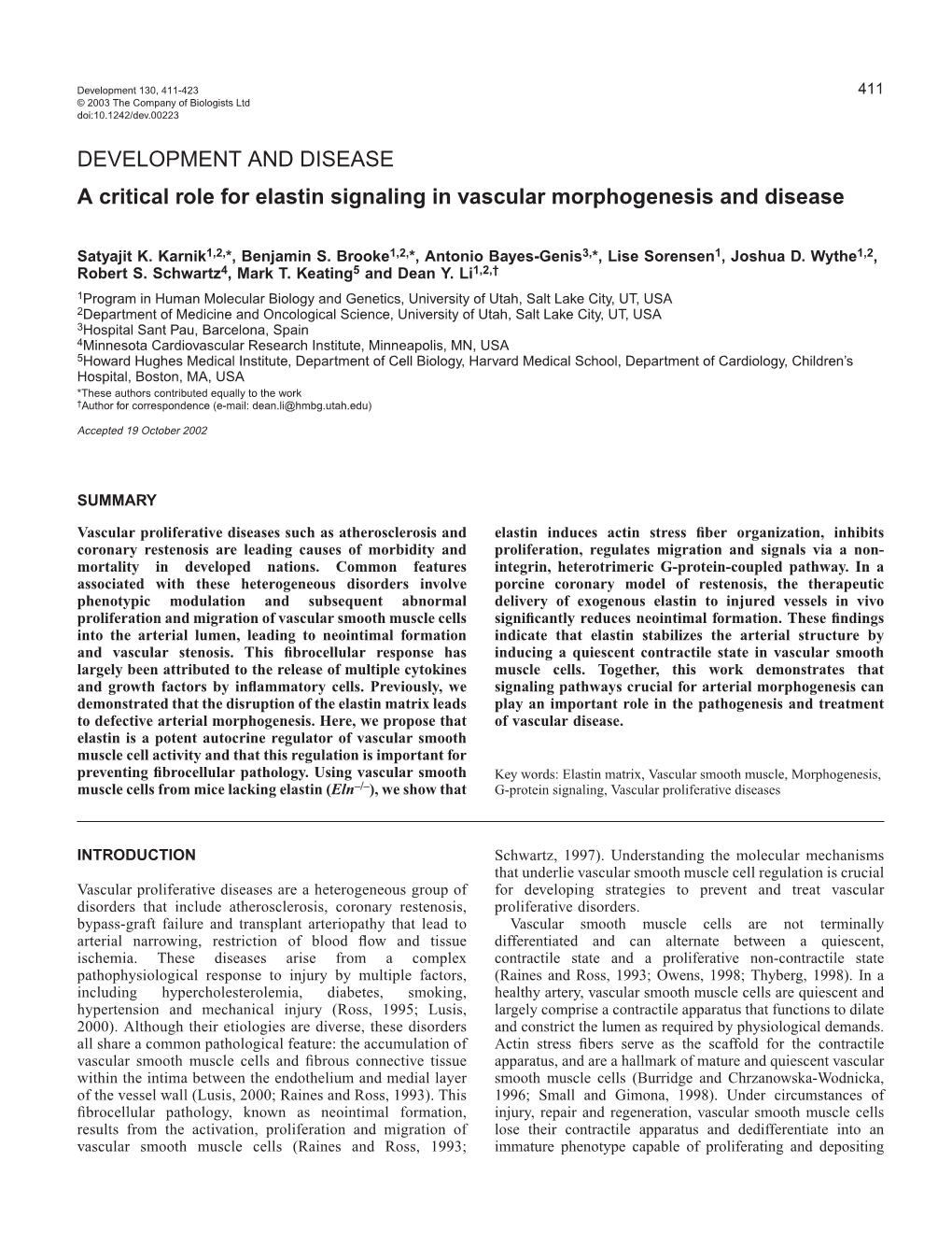 DEVELOPMENT and DISEASE a Critical Role for Elastin Signaling in Vascular Morphogenesis and Disease