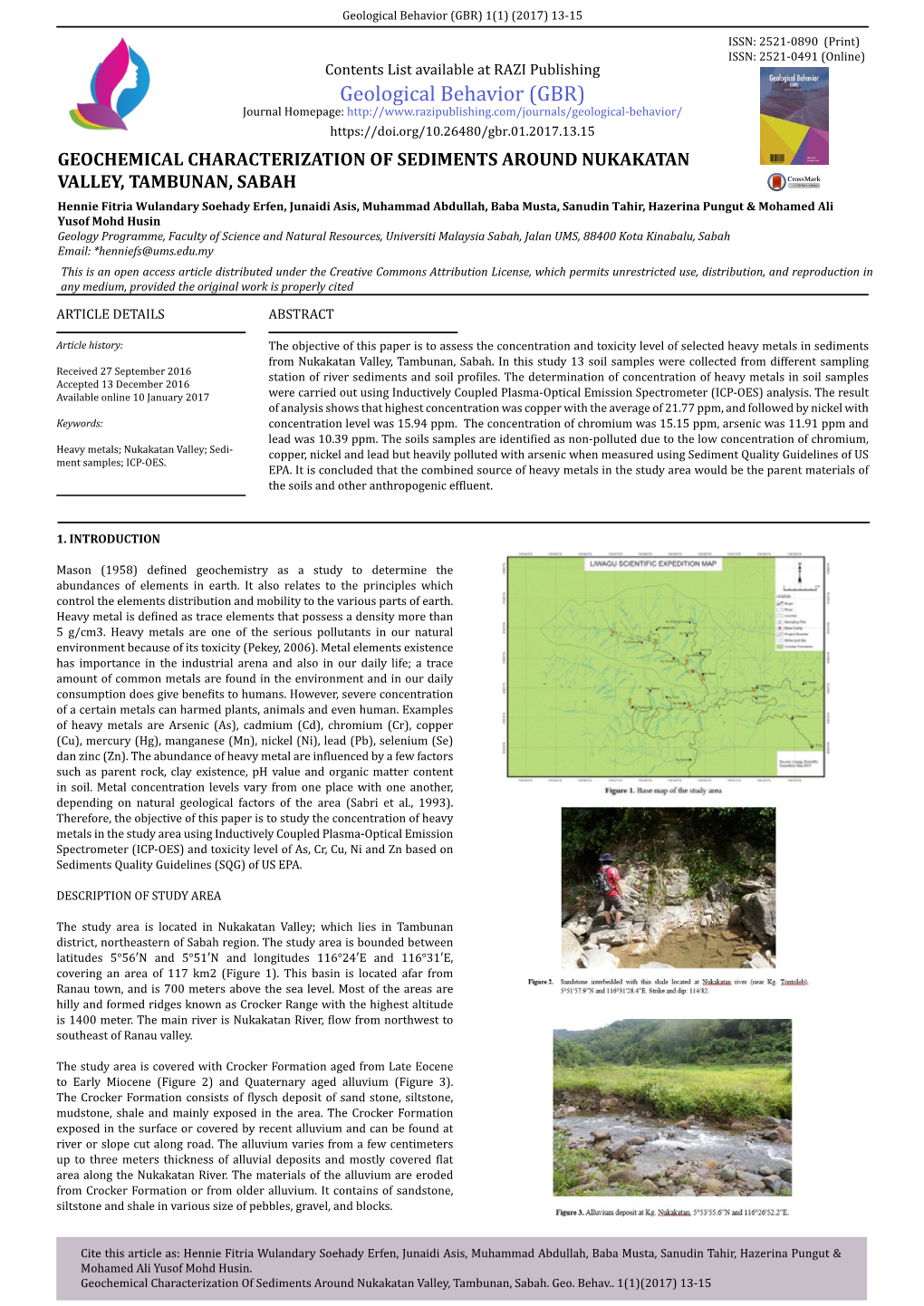 Geochemical Characterization of Sediments Around Nukakatan Valley, Tambunan, Sabah