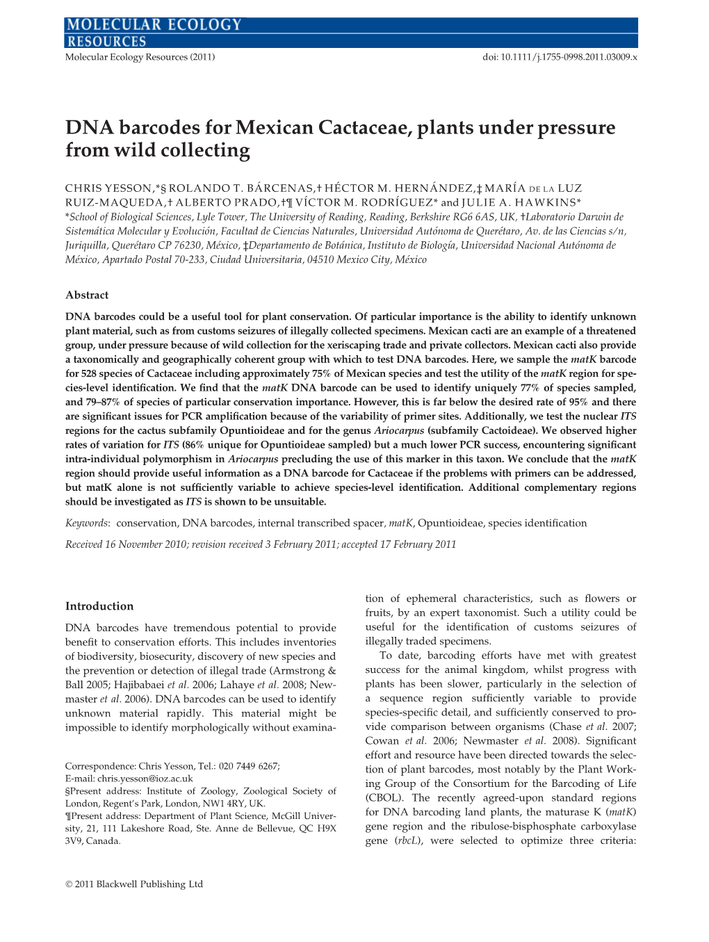 DNA Barcodes for Mexican Cactaceae, Plants Under Pressure from Wild Collecting