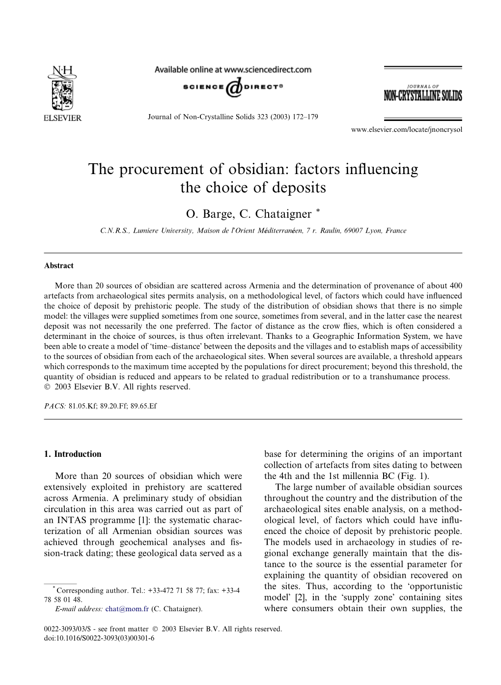 The Procurement of Obsidian: Factors Inﬂuencing the Choice of Deposits