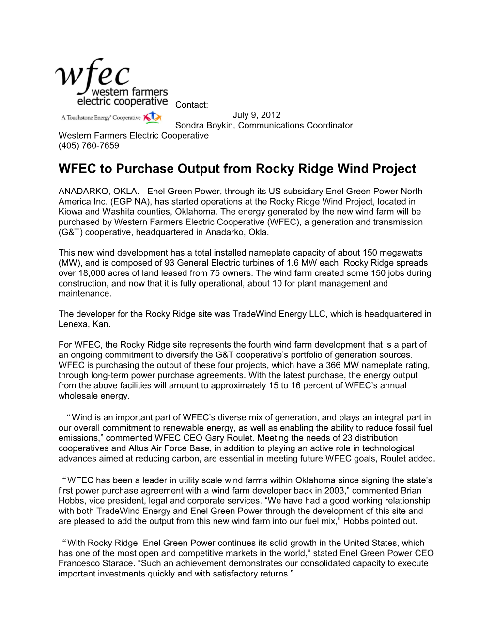 WFEC to Purchase Output from Rocky Ridge Wind Project