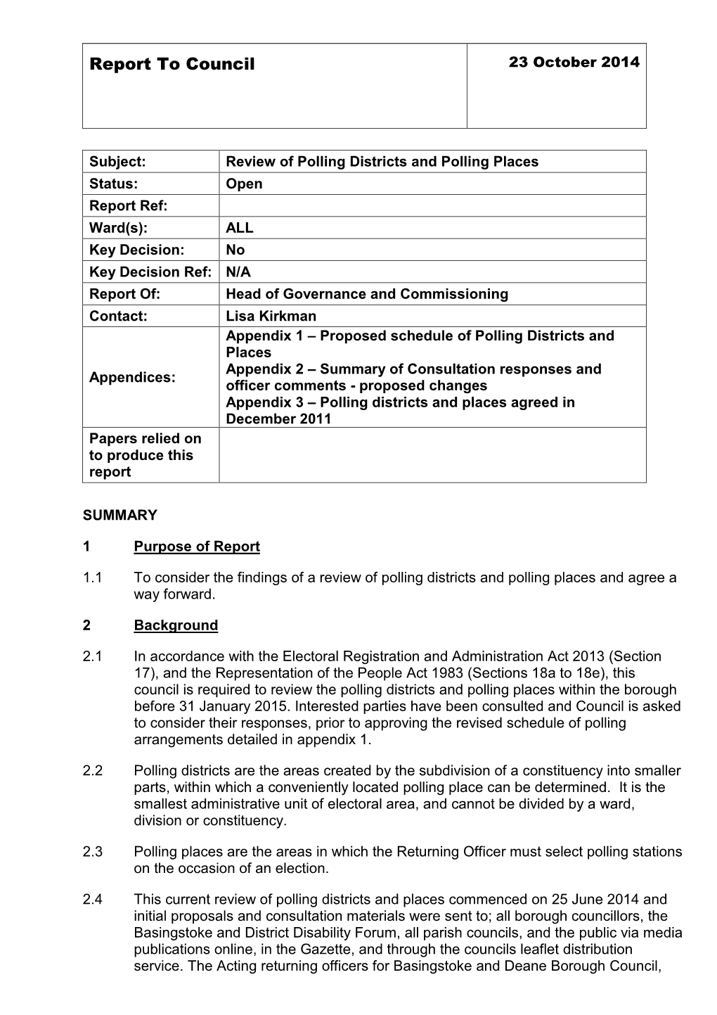 Report to Council 23 October 2014