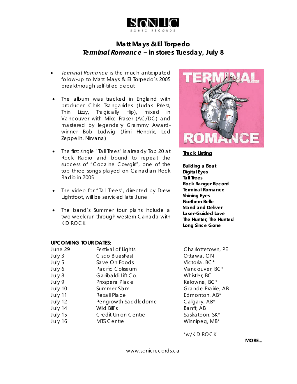 Matt Mays & El Torpedo Terminal Romance – in Stores Tuesday, July 8