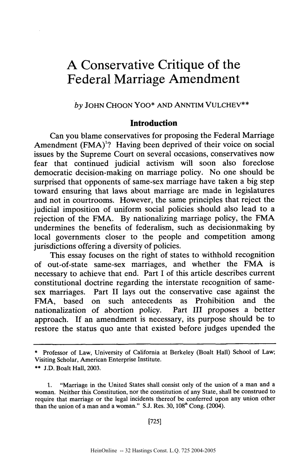 A Conservative Critique of the Federal Marriage Amendment