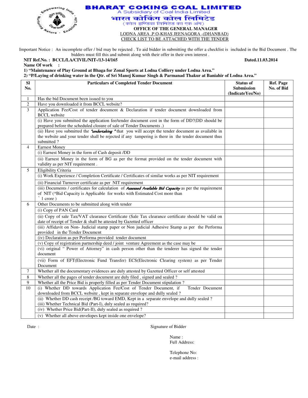 Dhanbad) Check List to Be Attached with the Tender