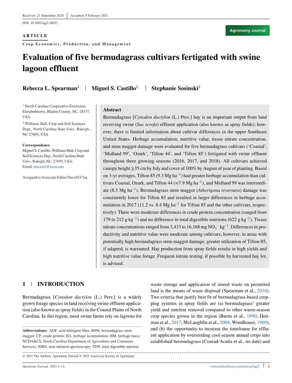 Evaluation of Five Bermudagrass Cultivars Fertigated with Swine Lagoon Effluent