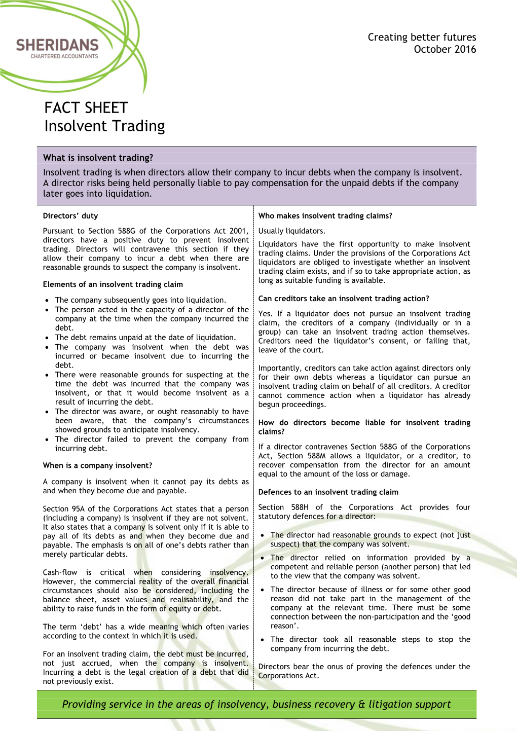 FACT SHEET Insolvent Trading