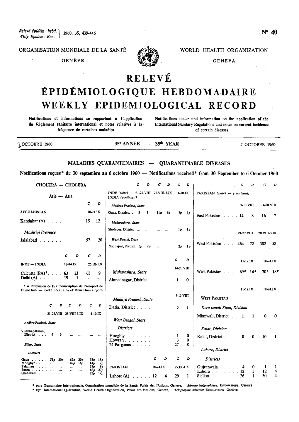 Relevé Épidémiologique Hebdomadaire Weekly Epidemiological Record