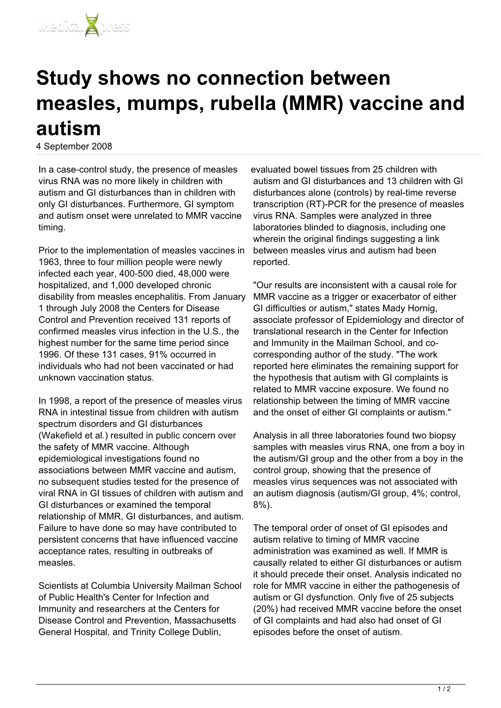 (MMR) Vaccine and Autism 4 September 2008