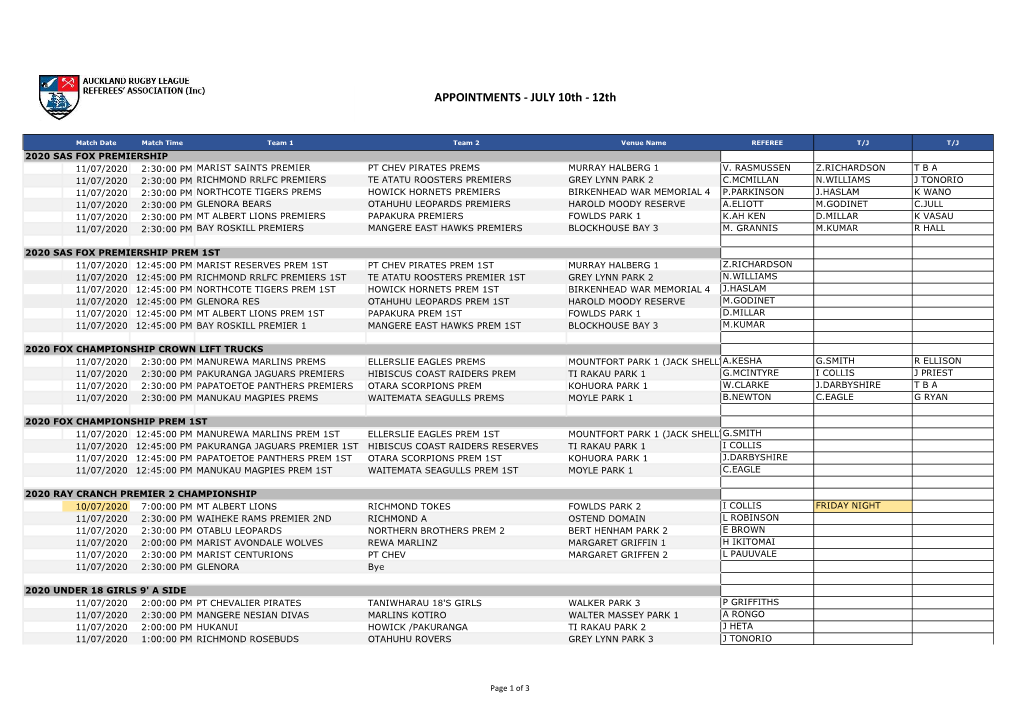 APPOINTMENTS - JULY 10Th - 12Th