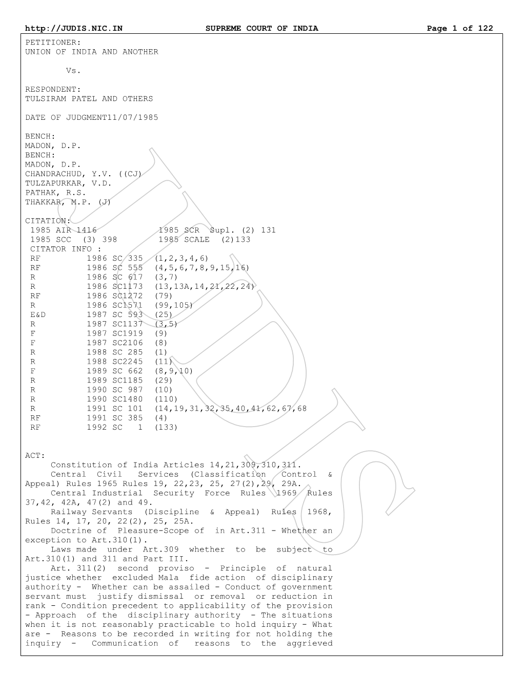 SUPREME COURT of INDIA Page 1 of 122 PETITIONER: UNION of INDIA and ANOTHER