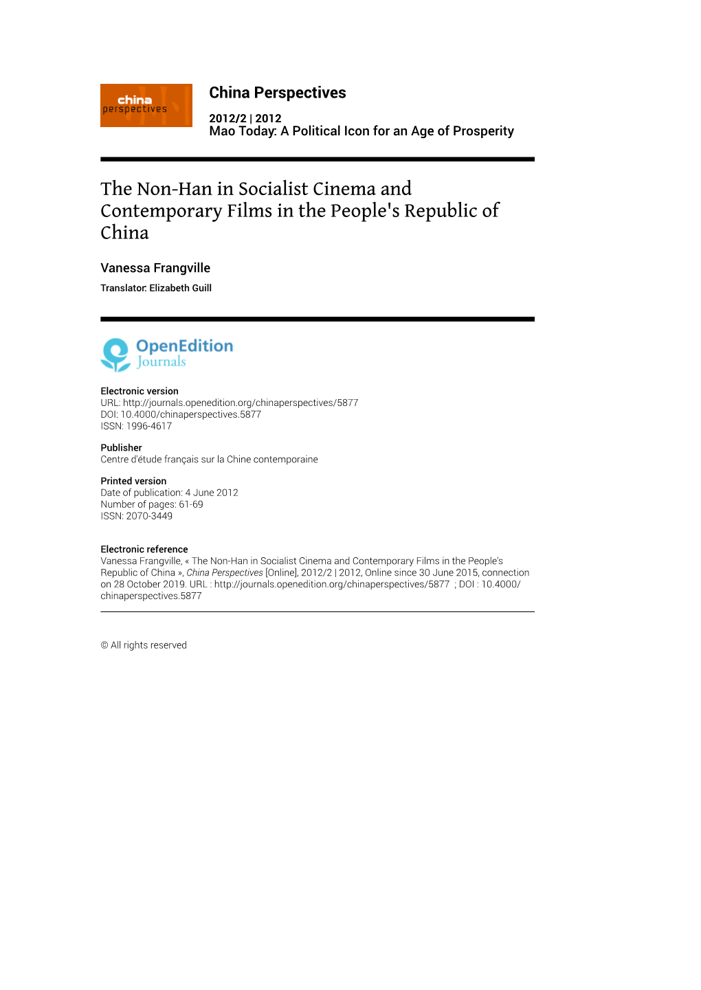 The Non-Han in Socialist Cinema and Contemporary Films in the People's Republic of China