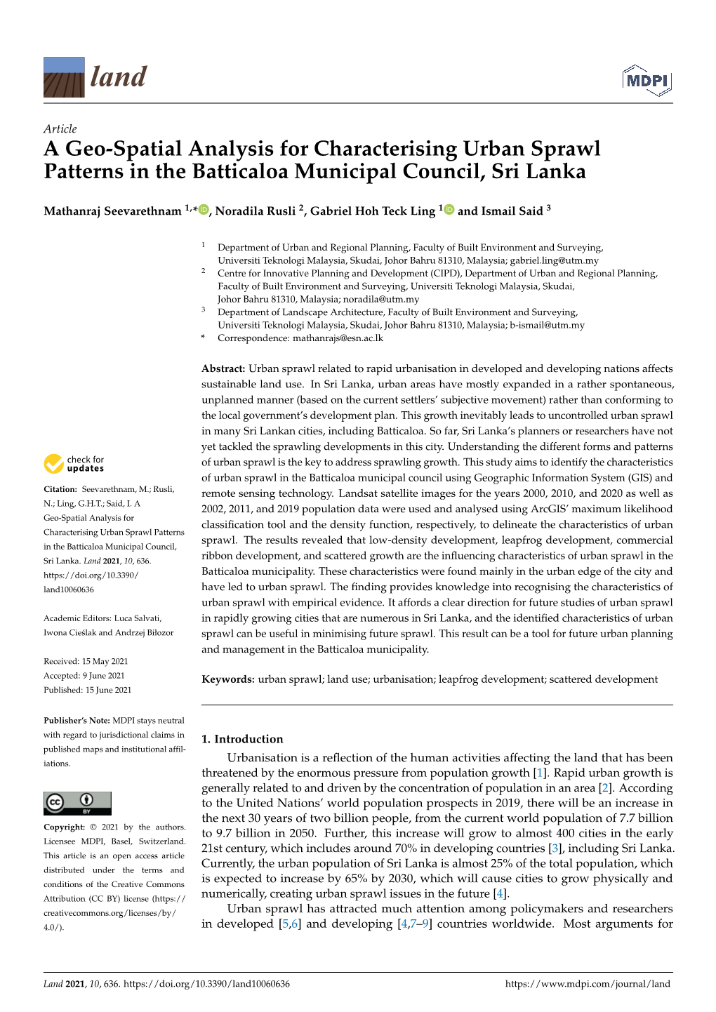 A Geo-Spatial Analysis for Characterising Urban Sprawl Patterns in the Batticaloa Municipal Council, Sri Lanka