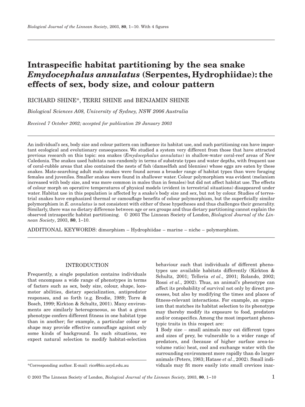 Intraspecific Habitat Partitioning by the Sea Snake Emydocephalus Annulatus