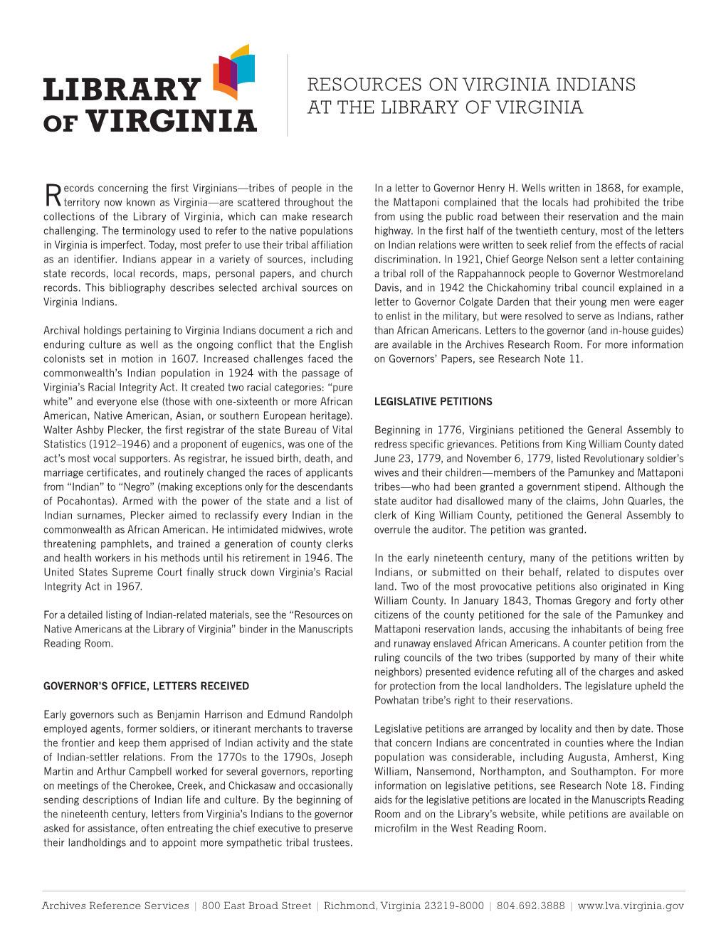 Resources on Virginia Indians at the Library of Virginia