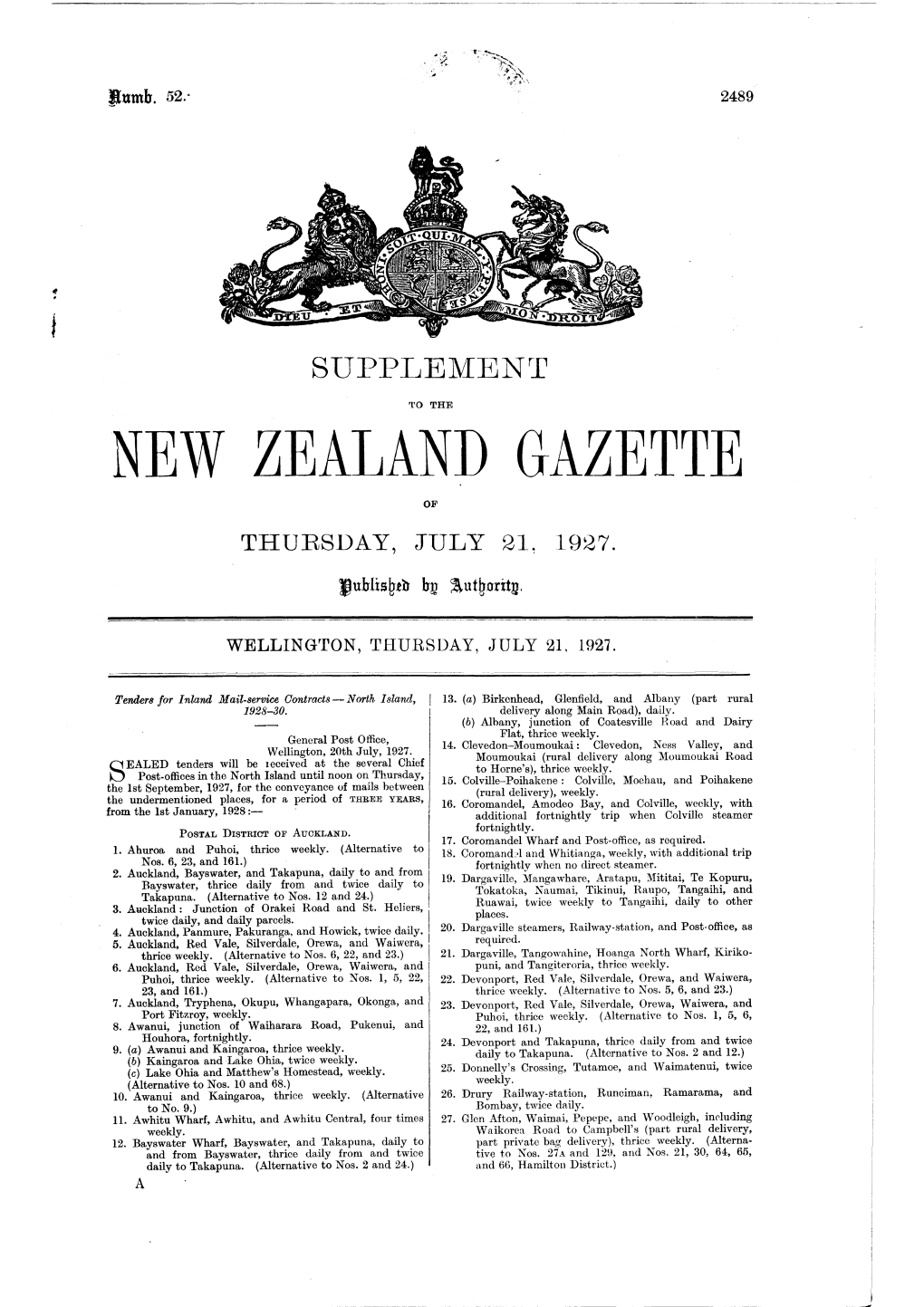 New Zealand Gazette of Thursday, July 21~ 1927