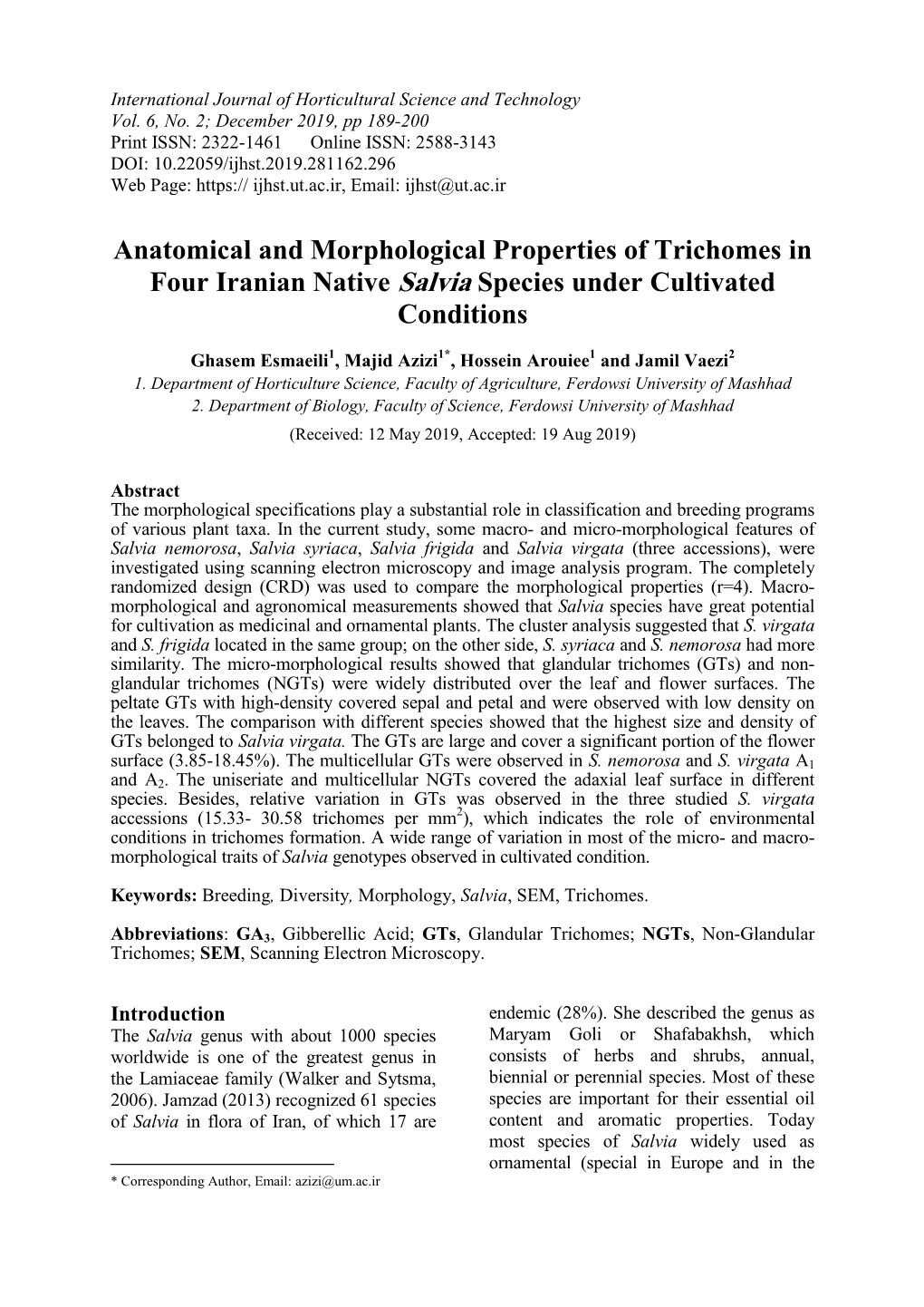 Anatomical and Morphological Properties of Trichomes in Four Iranian Native Salvia Species Under Cultivated Conditions