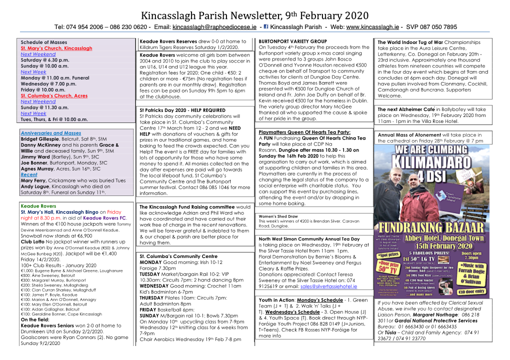 Kincasslagh Parish Newsletter, 9Th February 2020