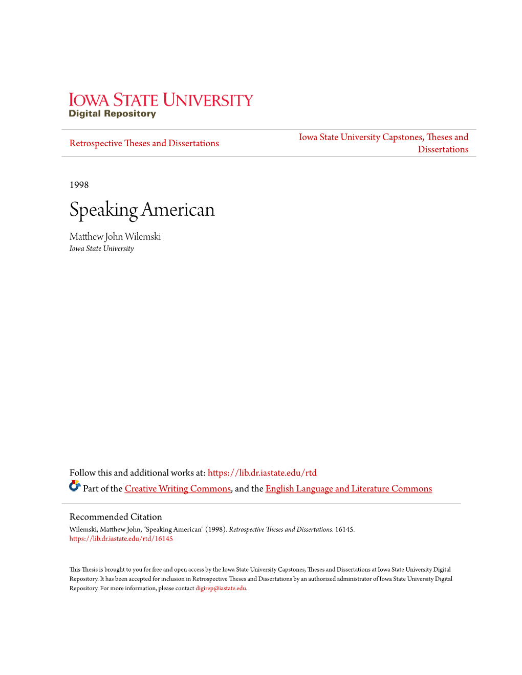 Speaking American Matthew Ohnj Wilemski Iowa State University