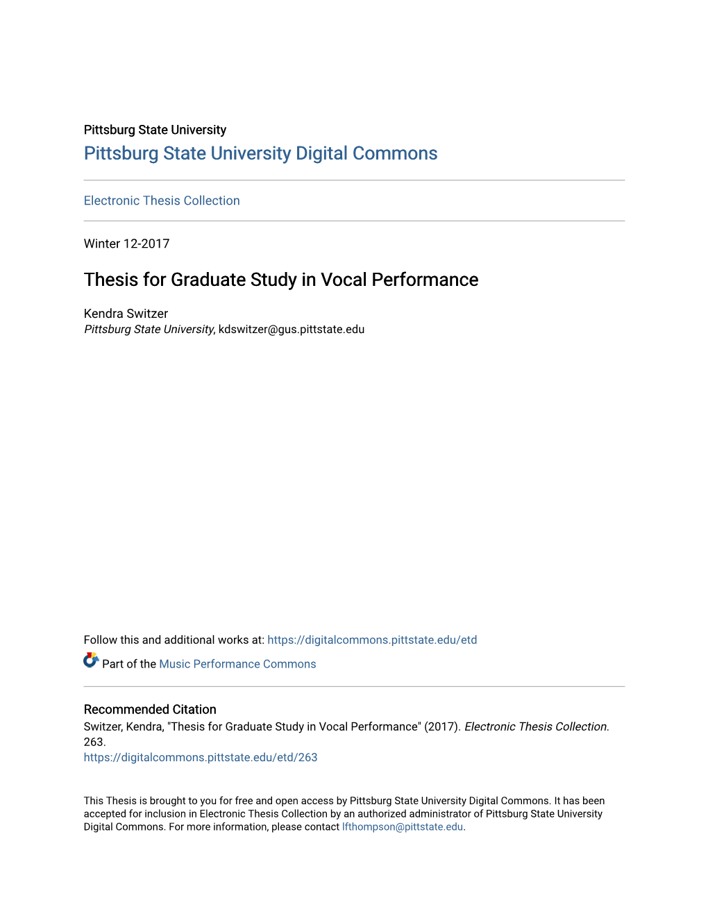 Thesis for Graduate Study in Vocal Performance