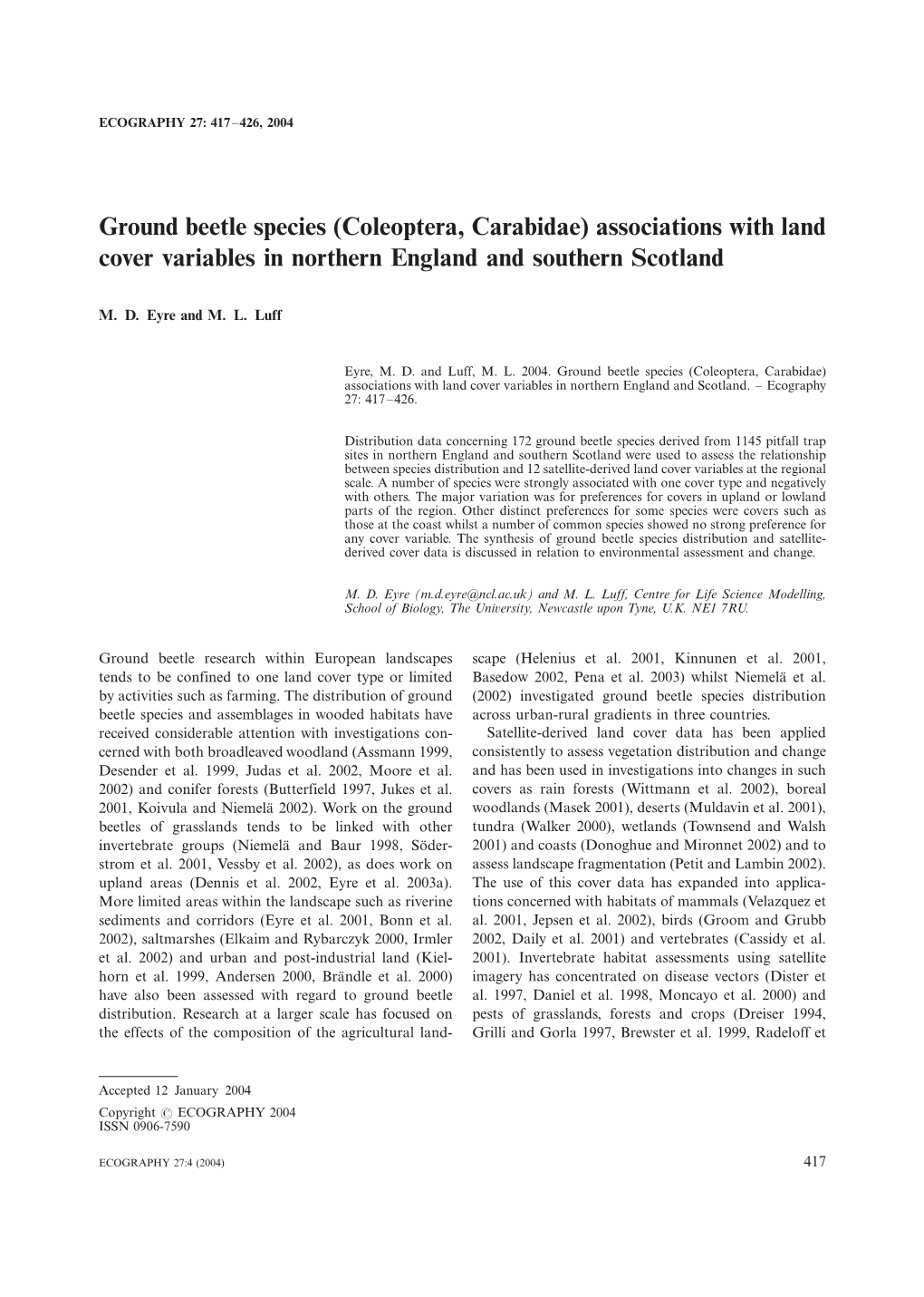 Ground Beetle Species (Coleoptera, Carabidae) Associations with Land Cover Variables in Northern England and Southern Scotland