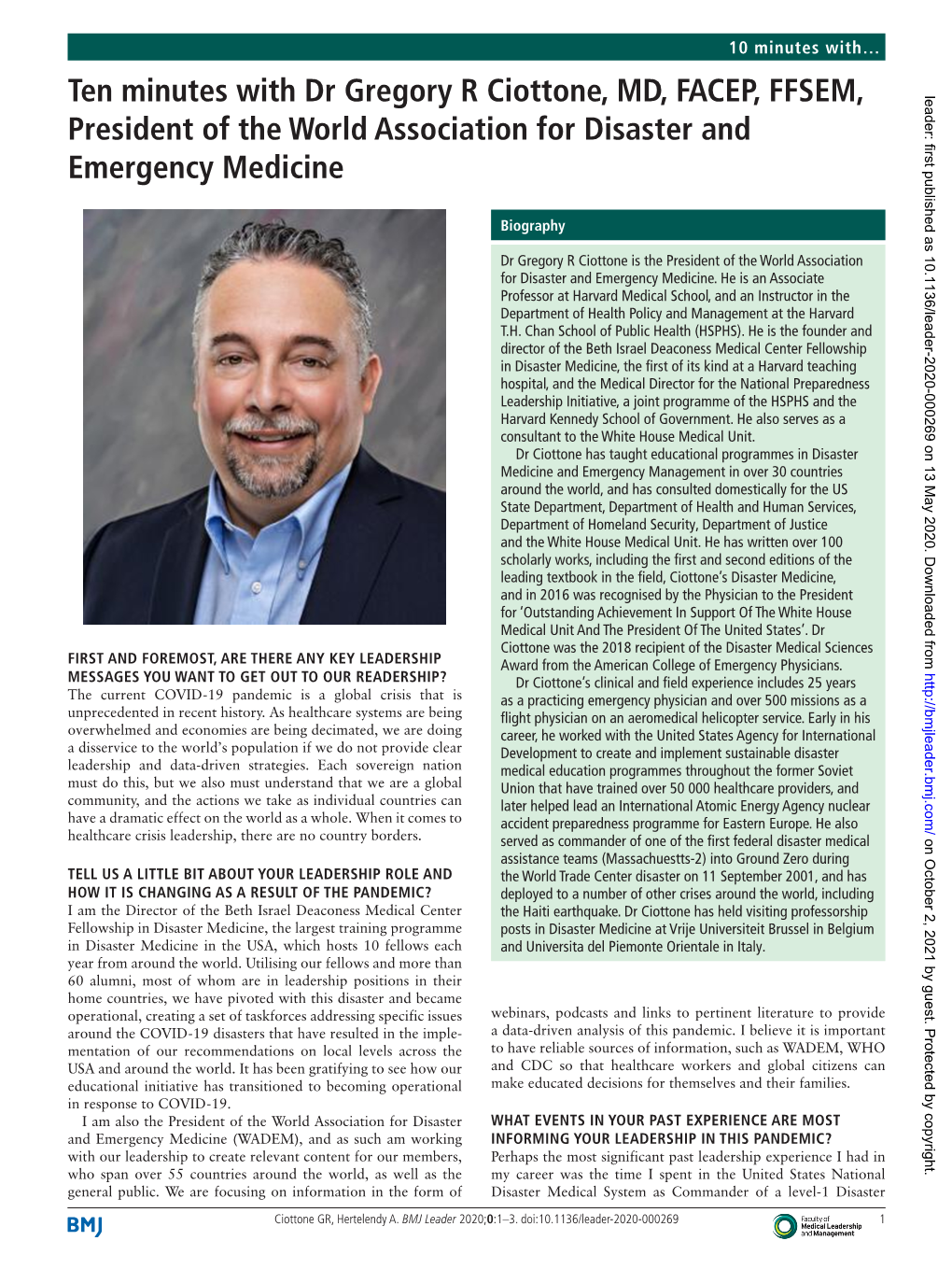 Ten Minutes with Dr Gregory R Ciottone, MD, FACEP, FFSEM, Leader: First Published As 10.1136/Leader-2020-000269 on 13 May 2020