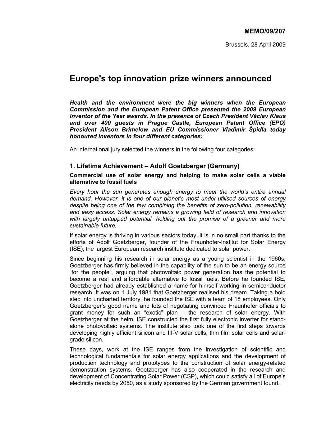 Europe's Top Innovation Prize Winners Announced