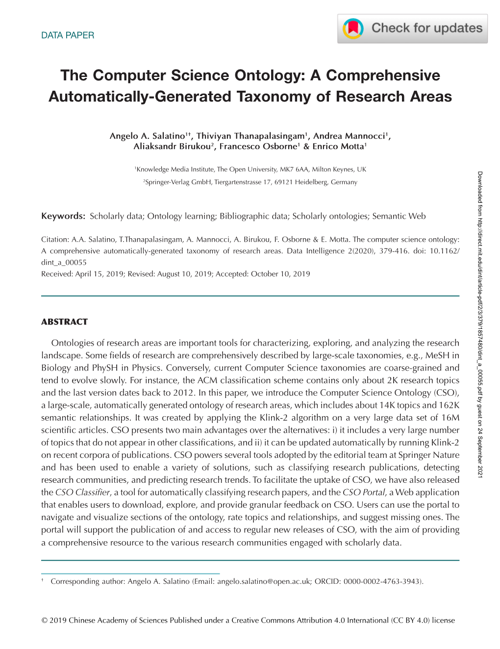 The Computer Science Ontology: a Comprehensive Automatically-Generated Taxonomy of Research Areas