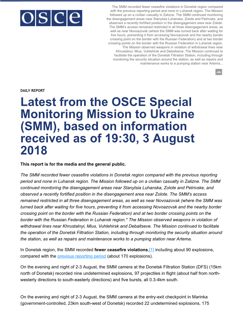 Latest from the OSCE Special Monitoring Mission to Ukraine (SMM), Based on Information Received As of 19:30, 3 August 2018