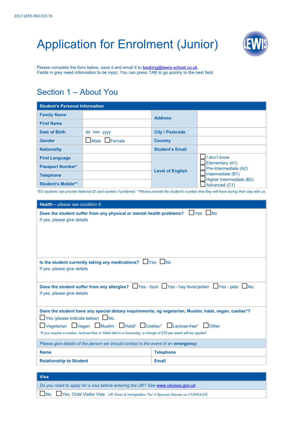 Application For Enrolment – Adult School