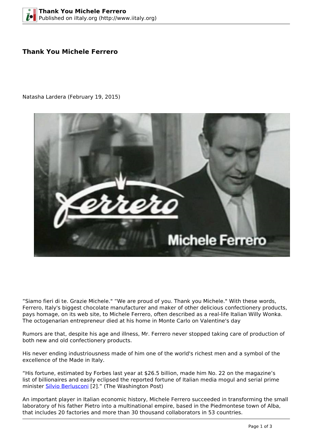 Thank You Michele Ferrero Published on Iitaly.Org (