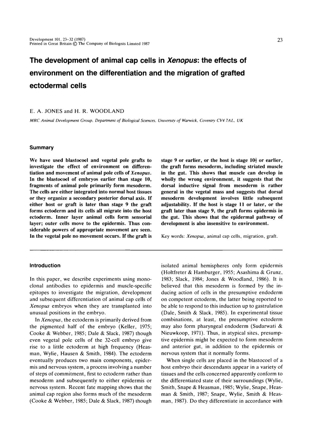 The Development of Animal Cap Cells in Xenopus: the Effects of Environment on the Differentiation and the Migration of Grafted Ectodermal Cells