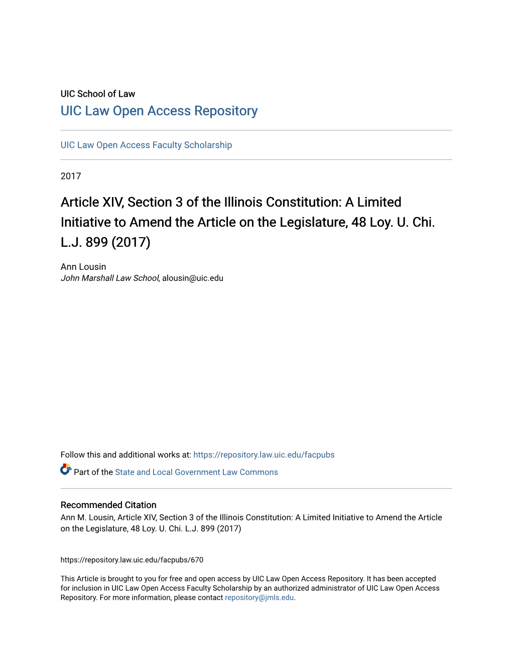 Article XIV, Section 3 of the Illinois Constitution: a Limited Initiative to Amend the Article on the Legislature, 48 Loy