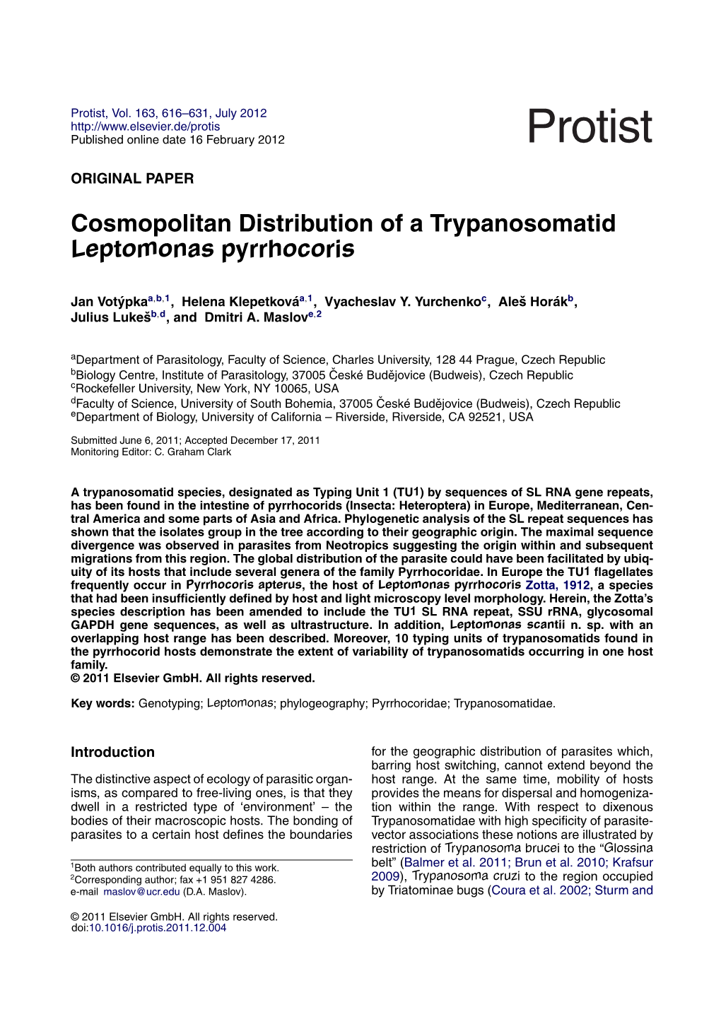 Cosmopolitan Distribution of a Trypanosomatid Leptomonas Pyrrhocoris