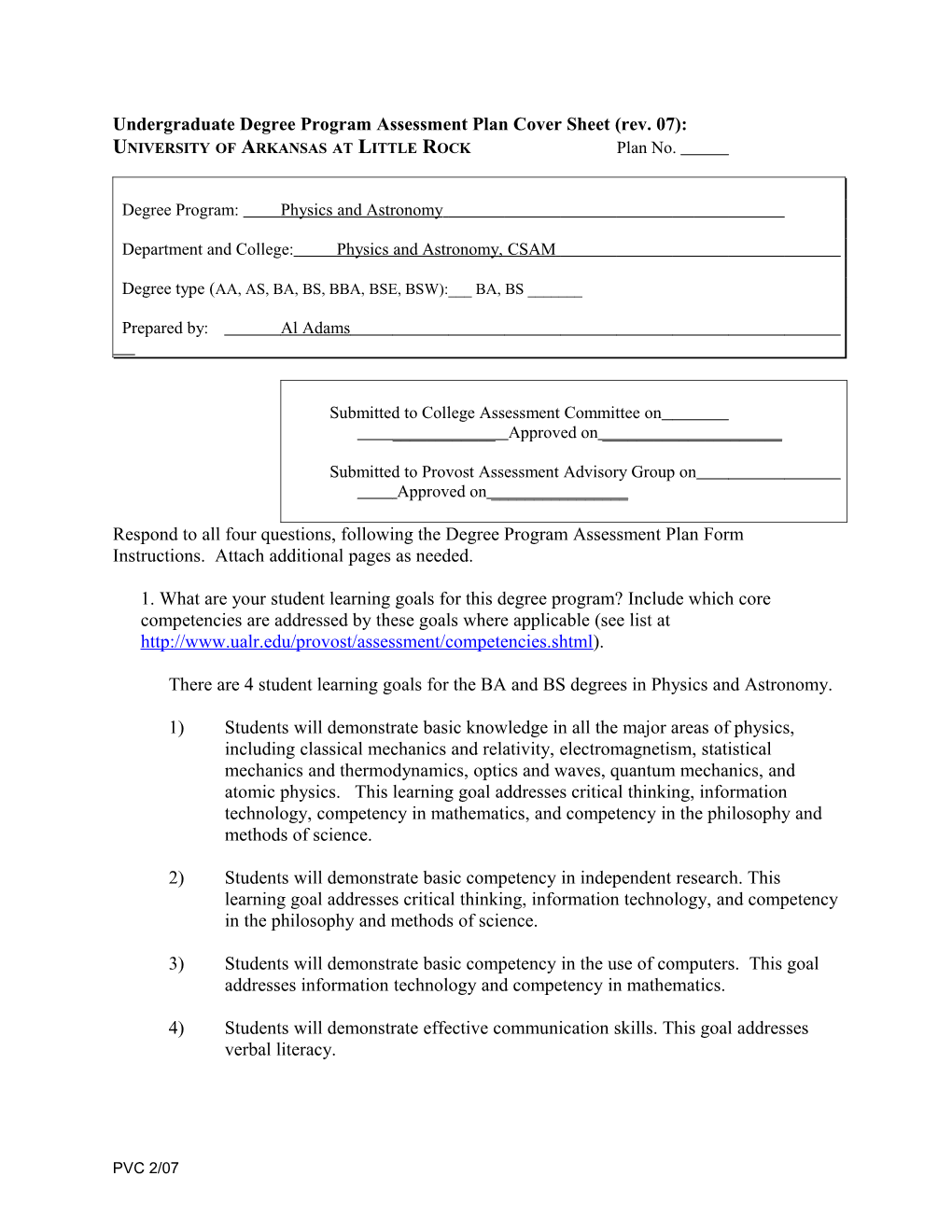 Degree Program Assessment Plan Cover Sheet (Rev